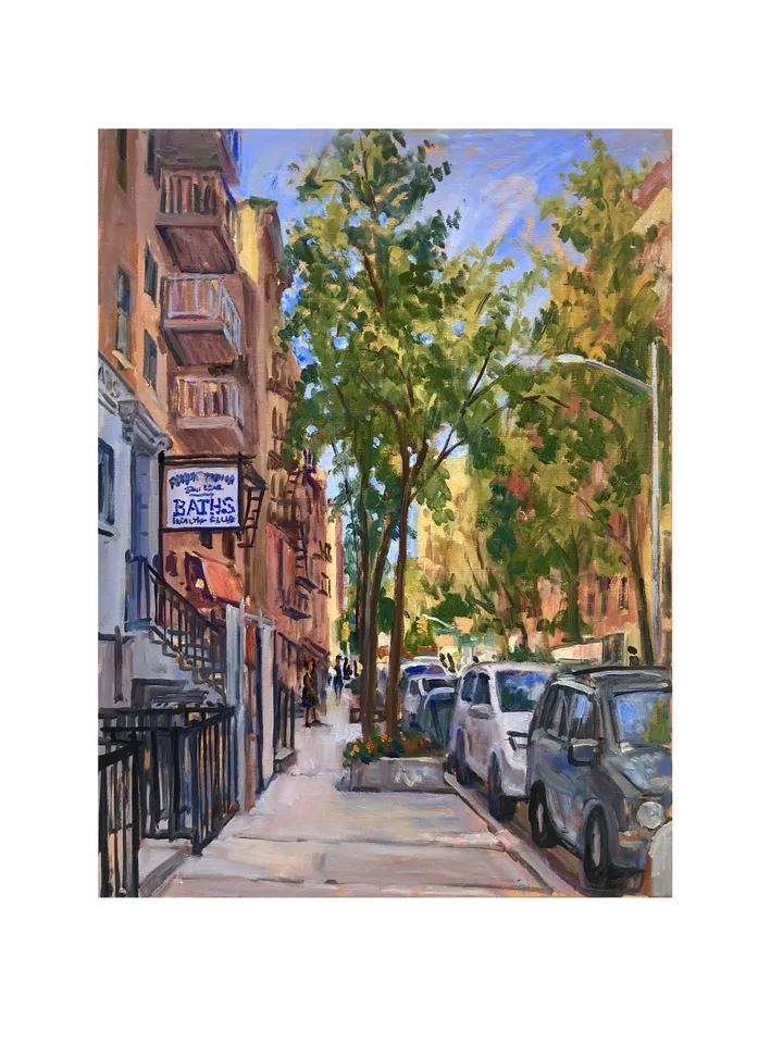 East Village Cityscape Painting - From 10th Street Russian Baths/NYC - 18x24 Oil on Linen, Urban Impressionism, Large Original Landscape