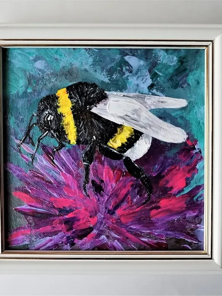 Bumblebee wall art painting insect artwork aster flower pink