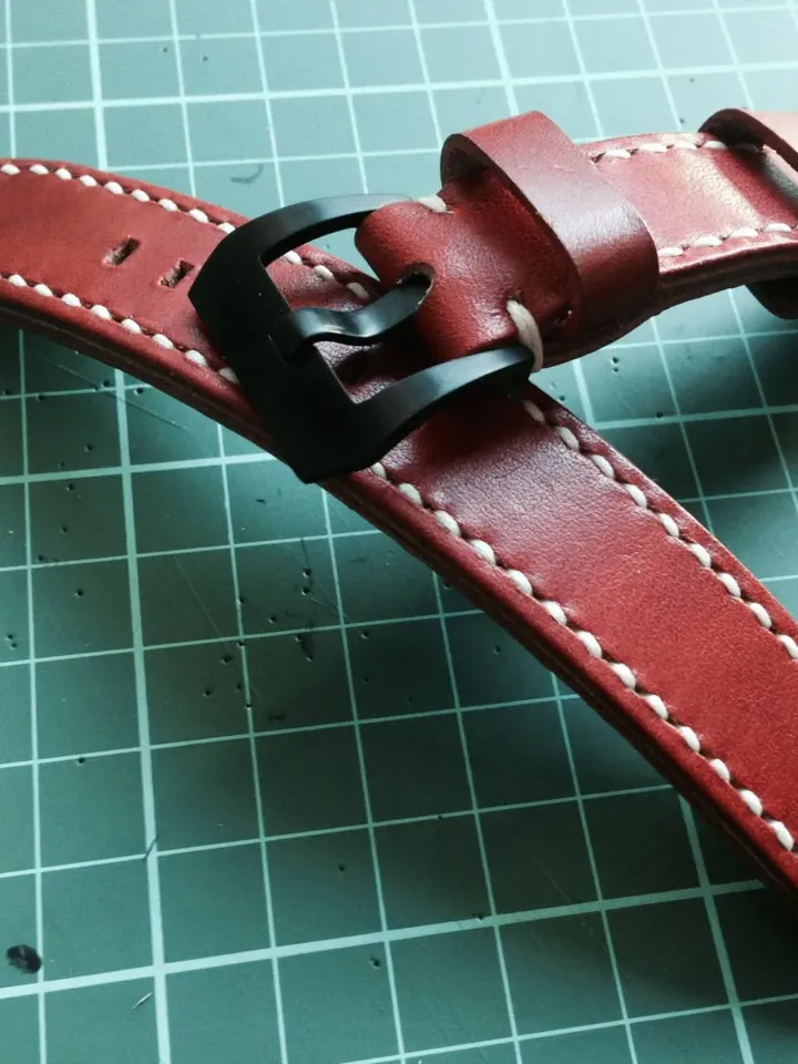 Handmade genuine Leather  Strap, Red Orange leather watch band, Cream white stitching and Black 20mm buckle watch strap for 20mm lug