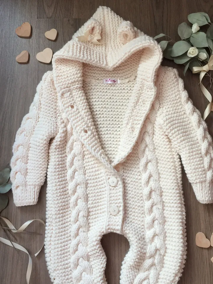 Knitting overall for baby girl. Newborn overall. Take home overall. Overall with bear ears. Baby shower gift for baby girl. Knit romper .