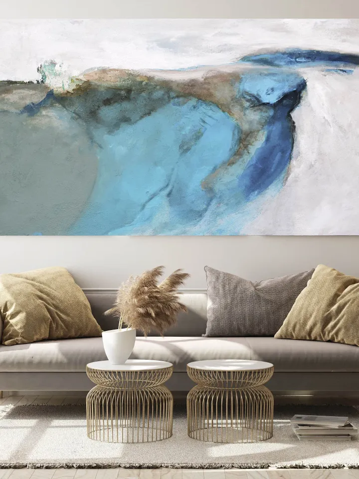 Large Abstract Landscape Painting, Light Blue Wall Art, Large Canvas Painting Art for Living Room, Nordic Style Canvas Art
