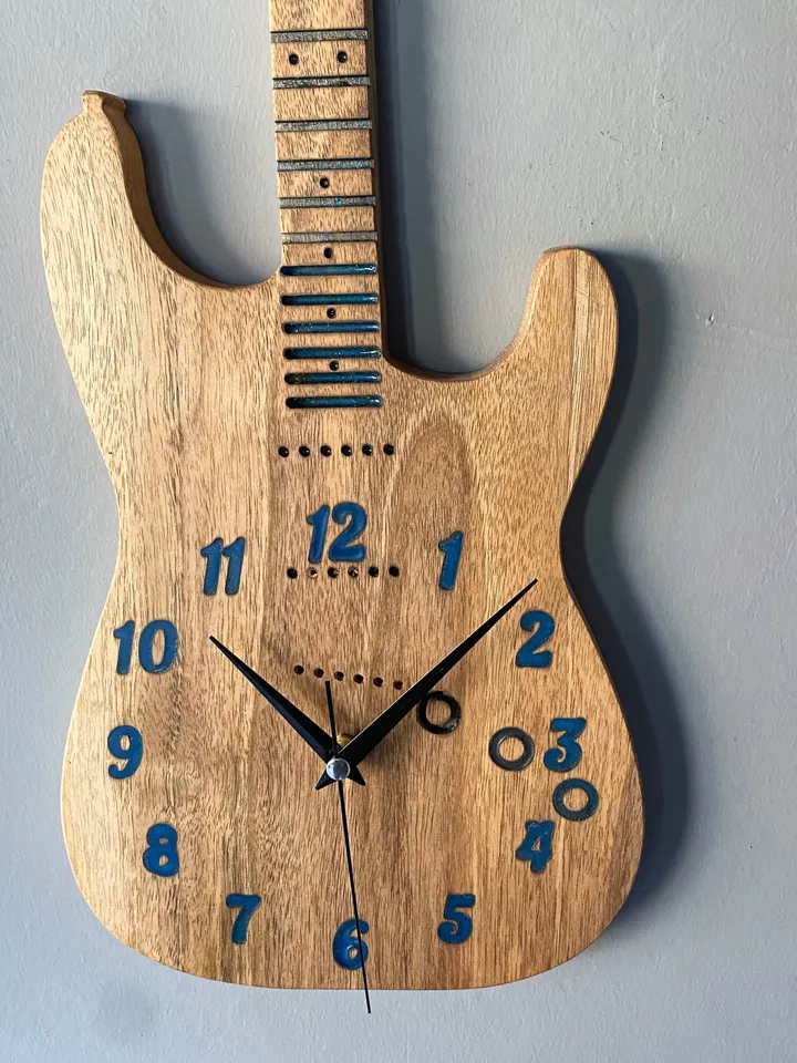 Unique Resin Guitar Walnut Wood Wall Clock, Housewarming Gift First Home, Epoxy Wall Clock, Live Edge Wall Clock