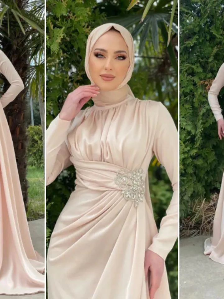AHUNARE HIJAB - Berra Salmon Satin Wedding Dress, Muslim Evening Gown, Nikah, Islamic Wedding, Engagement, Bridesmaid,