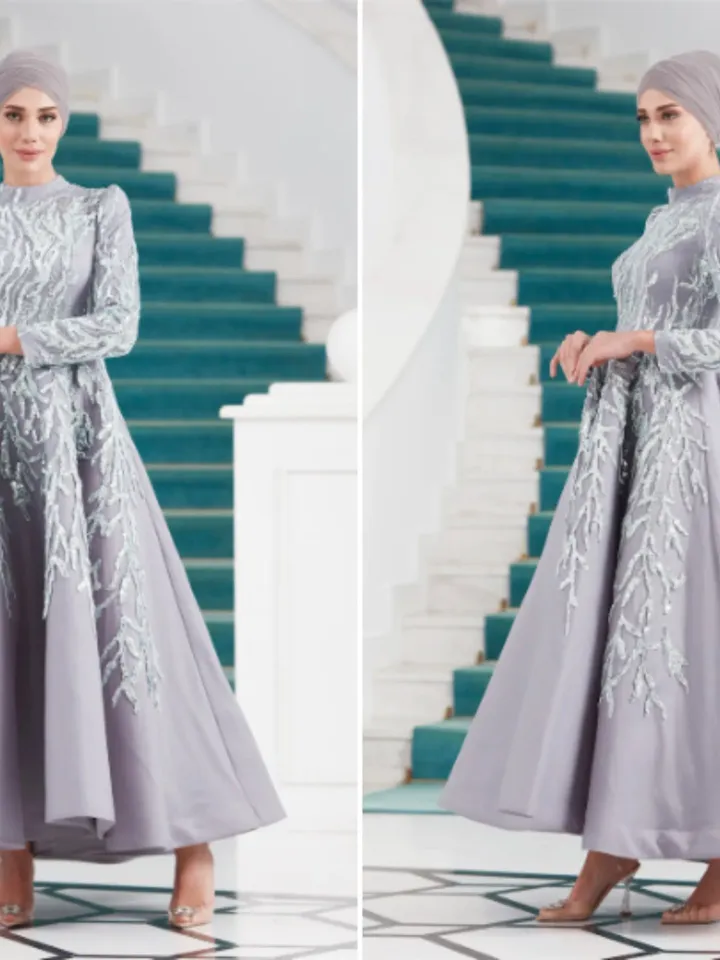 AHUNARE HIJAB - Yıldız Musty Green Embroidered Wedding Dress, Muslim Evening Gown, Nikah, Islamic Wedding, Engagement, Bridesmaid,