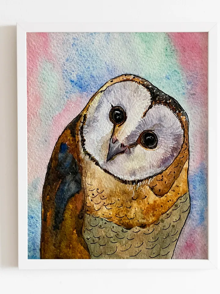 Owl original painting , watercolor art, Interior Design