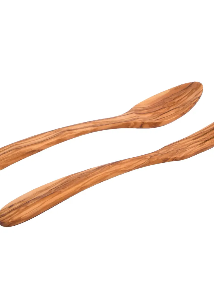 Wooden Curved Salad Server (Spoon + Fork) made of Olive Wood 30 cm / 11.81" - AKwood Handcrafted Olive Wood Cooking Utensils