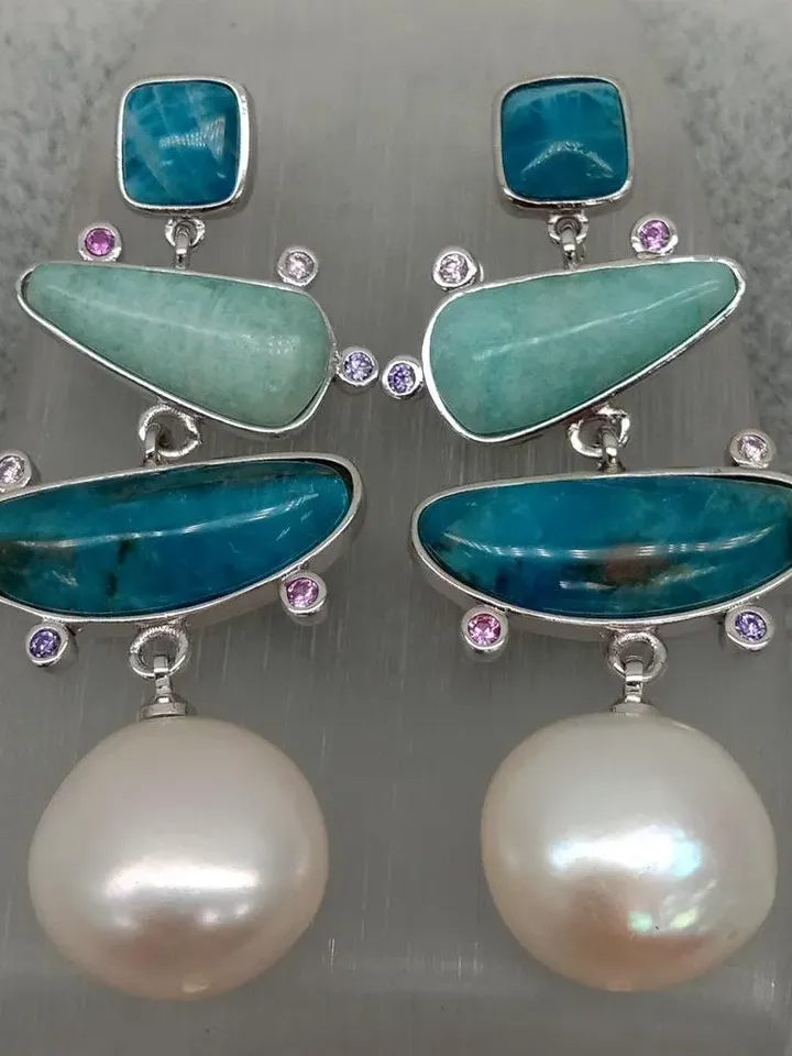 Handmade Turquoise Apatite and Amazonite Dangle Earrings with Pearl and Gold Plating