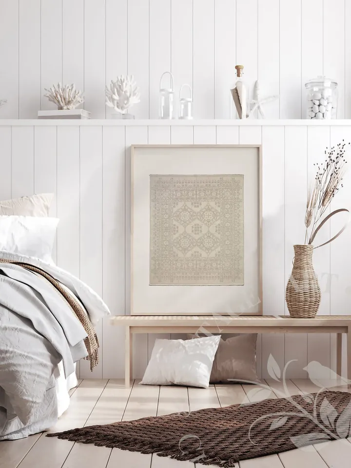 Neutral Vintage Textile Wall Art Print, Napkin With Apple Blossom Pattern, PRINTABLE Modern Farmhouse Decor | #149