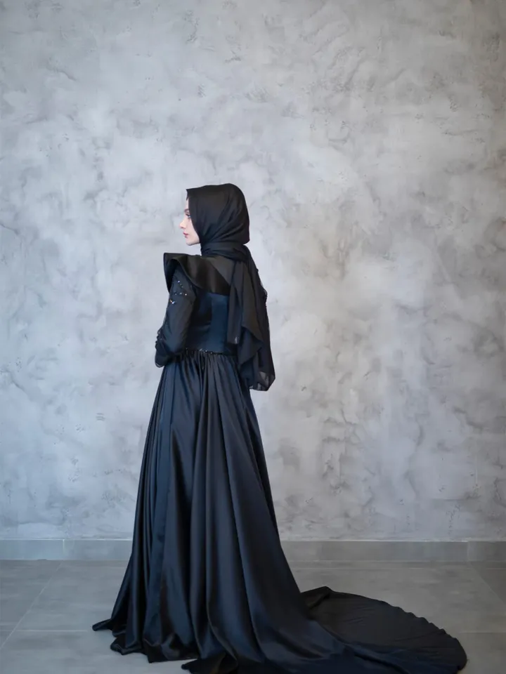 AHUNARE HIJAB - Mahra Black Satin Wedding Dress, Muslim Evening Gown, Nikah, Islamic Wedding, Engagement, Bridesmaid,