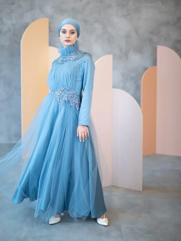 AHUNARE HIJAB - Rosa Blue Tulle Wedding Dress, Muslim Evening Gown, Nikah, Islamic Wedding, Engagement, Bridesmaid,