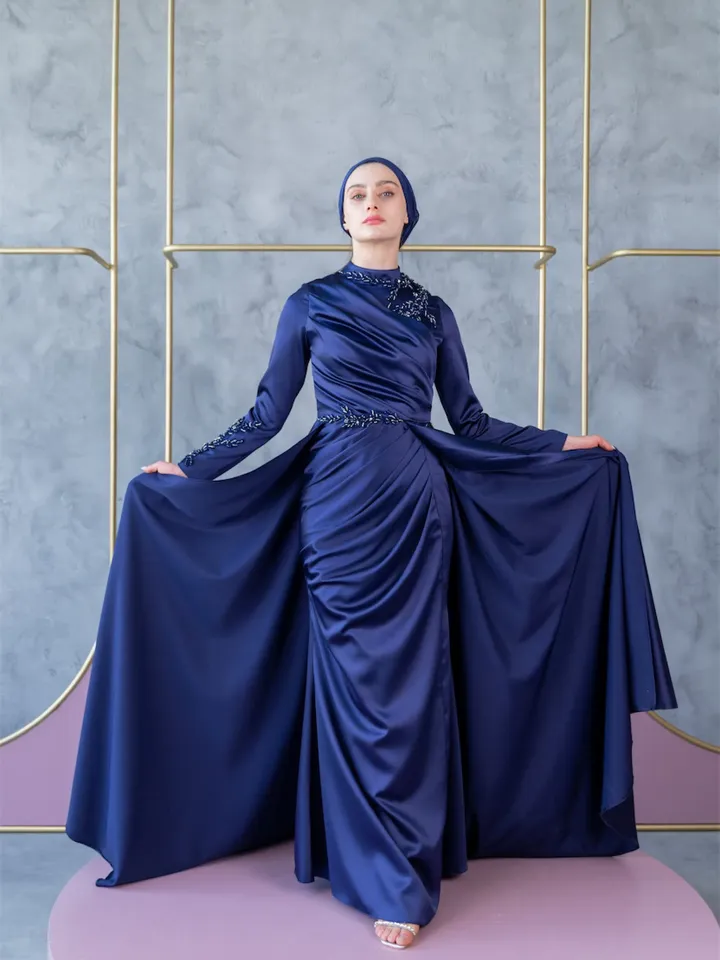 Mercan Navy Blue Satin Tailed Embroidered Ahunare Wedding Dress, Muslim Evening Gown, Islamic Wedding, Engagement, Bridesmaid, Maxi Dress