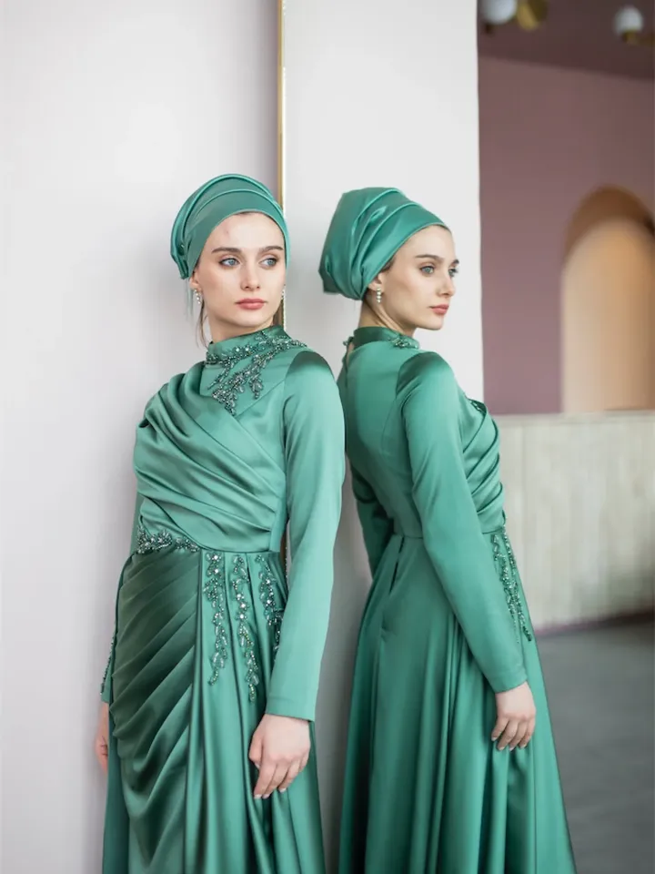 AHUNARE HIJAB - Mercan Mint Satin Tailed Embroidered Wedding Dress, Muslim Evening Gown, Nikah, Islamic Wedding, Engagement, Bridesmaid,