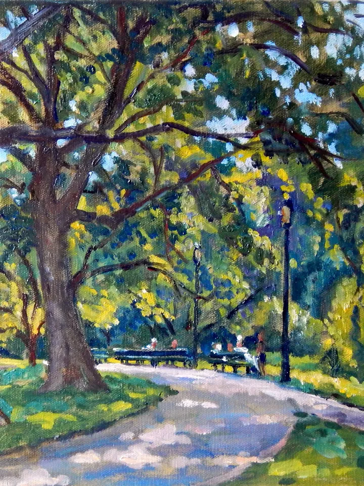 Original New York Landscape Painting - Shady Path/Inwood Hill Park/NYC- 12x12 Oil on Canvas, Impressionist Fine Art, Signed Original