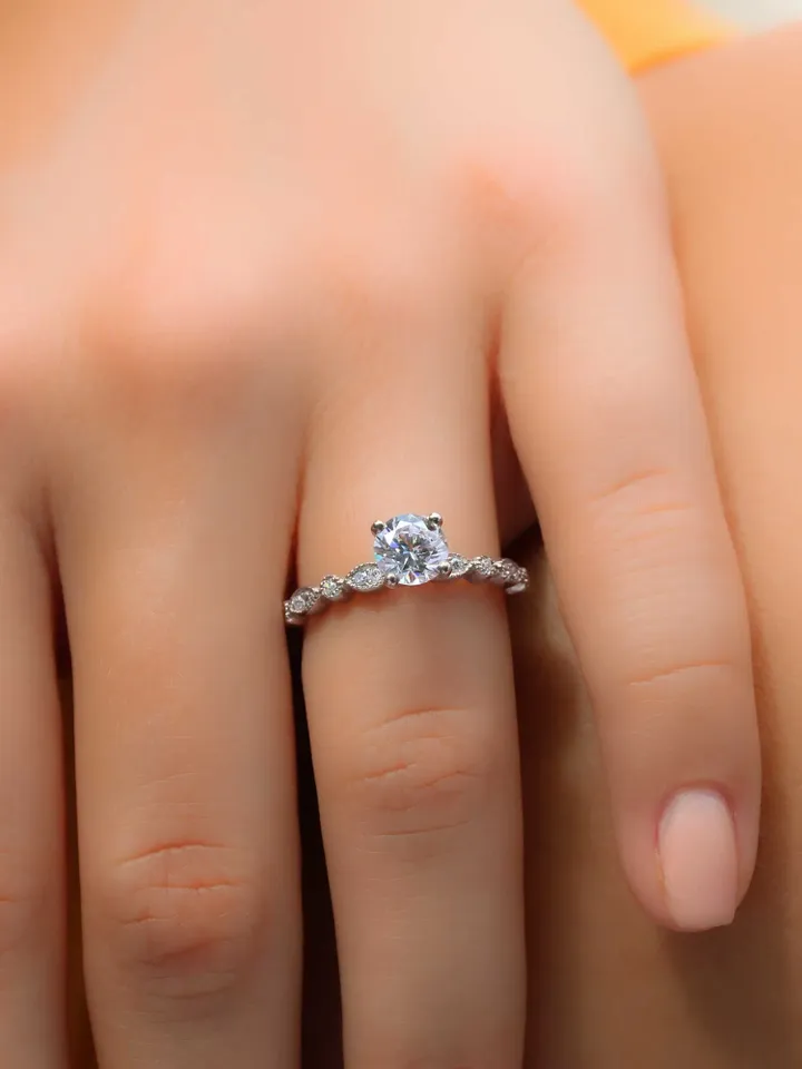 DAINTY DIAMOND RING | Round Cut Moissanite Diamond Ring Band | Modern Custom Wedding Rings | 14k Solid White Gold Ring For Anniversary