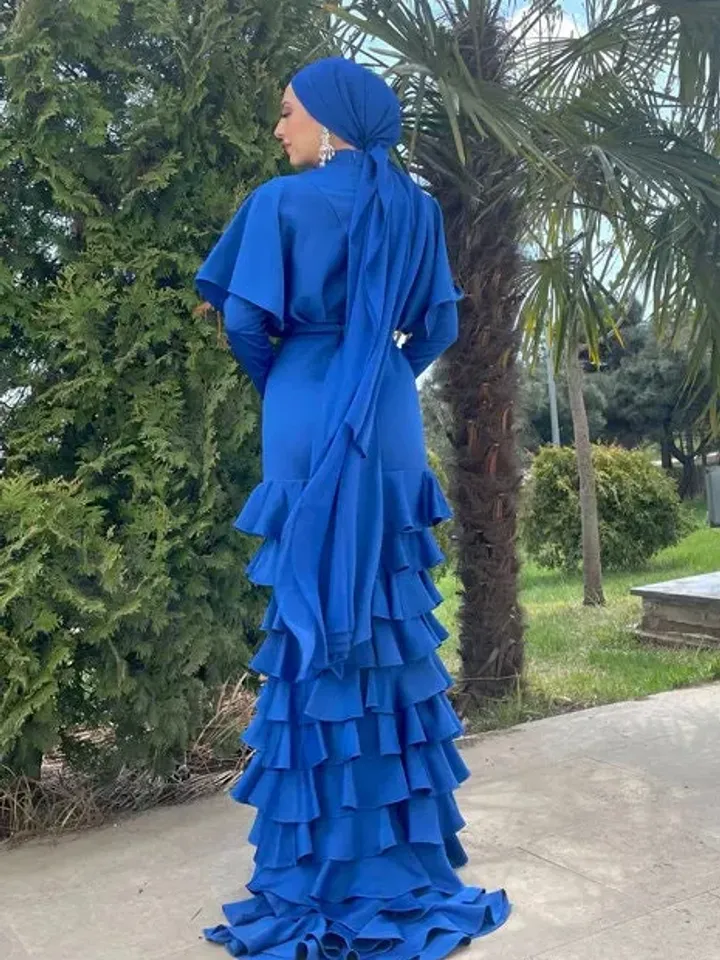 AHUNARE HIJAB - Asude Blue Satin Frilly Mermaid Wedding Dress, Muslim Evening Gown, Nikah, Islamic Wedding, Engagement, Bridesmaid,