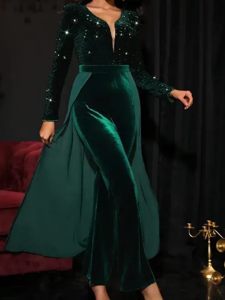 Sequin Velvet V Neck Long Sleeve Flare Leg Jumpsuit With Mesh Skirt Party Prom Cocktail Wedding Evening Women Ladies