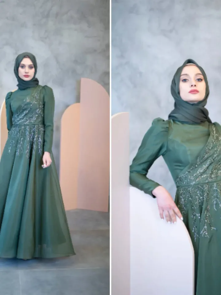Dilnur Green Ahunare Embroidered Wedding Dress, Muslim Evening Gown, Nikah, Islamic Wedding, Engagement, Bridesmaid, Maxi Dress