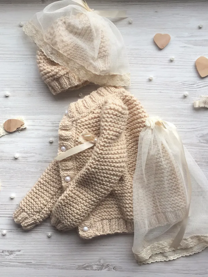 Jacket and a hat for little girl. Clothing set for girl. Hand made knit jacket with bows. Sweater with tape. Knitting hat for girl.