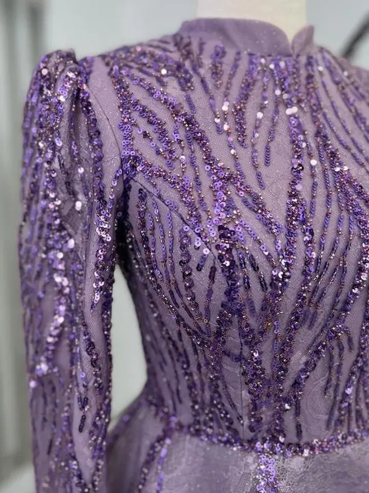 AHUNARE HIJAB - Çırağan Lilac Embroidered Wedding Dress, Muslim Evening Gown, Nikah, Islamic Wedding, Engagement, Bridesmaid,