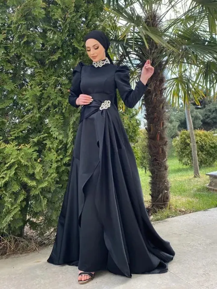 Ahsen Black Satin Tailed Embroidered Ahuanare Wedding Dress, Muslim Evening Gown, Nikah, Islamic Wedding, Engagement, Bridesmaid,