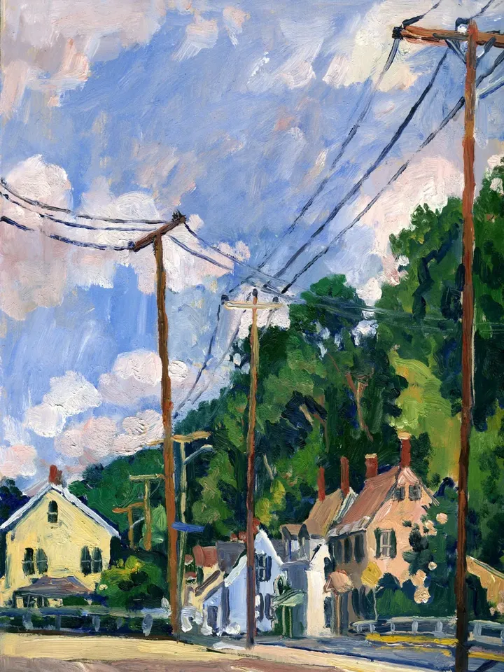 Original Landscape Painting - Houses and Poles/July - 9x12 Oil on Panel, Plein Air Impressionism, Signed Contemporary American Fine Art