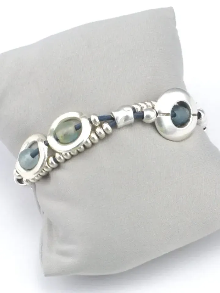 Recycled Ocean Blue Sea Glass Barcelet, Antique Silver Chunky Beaded Bracelet for Women, Bohemian Ethnic Tribal Jewelry, Gifts For Her