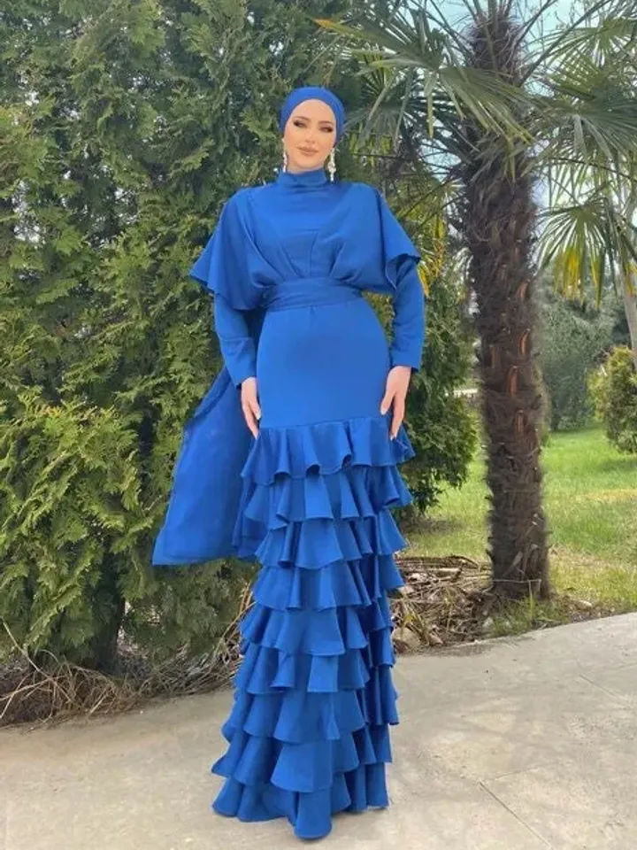AHUNARE HIJAB - Asude Blue Satin Frilly Mermaid Wedding Dress, Muslim Evening Gown, Nikah, Islamic Wedding, Engagement, Bridesmaid,