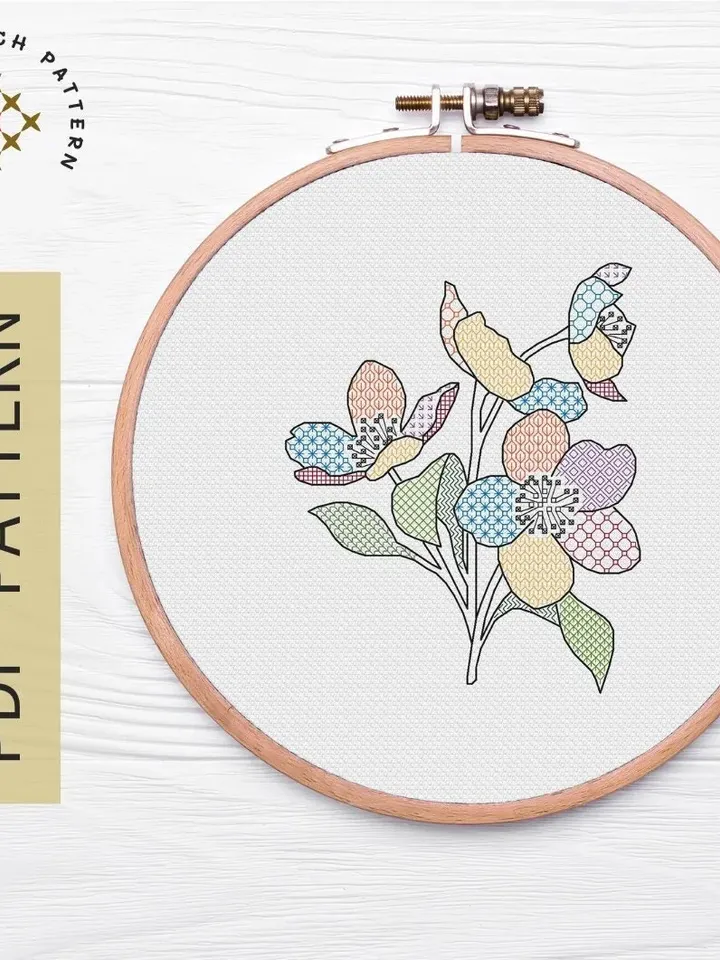 Hellebore Blackwork Embroidery Pattern PDF, Modern Backstitch Pattern PDF Blackwork Embroidery Chart, Downloadable PDF Embroidery Pattern