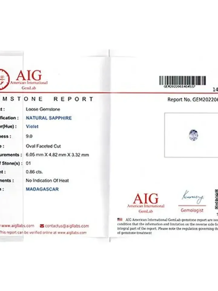 0.86 CT AIG Certified Stunning Unheated 100% Natural Violet Sapphire Madagascar
