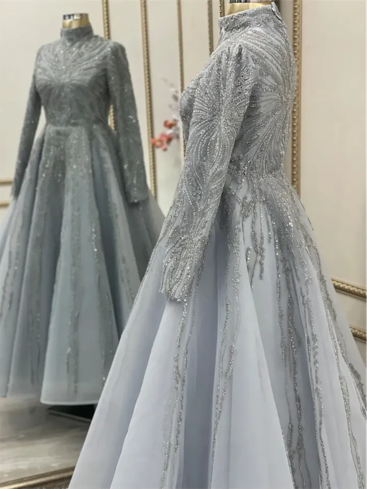 AHUNARE HIJAB - Masal Tam Daire Ice Blue Embroidered Wedding Dress, Muslim Evening Gown, Nikah, Islamic Wedding, Engagement, Bridesmaid,
