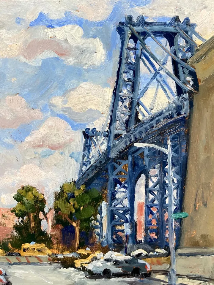 Small Original New York Cityscape Painting - Williamsburg Bridge/NYC - 8x8 Oil on Panel, Impressionist Landscape, Signed American Fine Art
