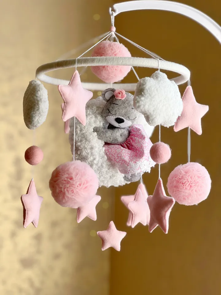 Baby mobile bear, baby girl mobile crib, baby mobile musical, bear mobile nursery