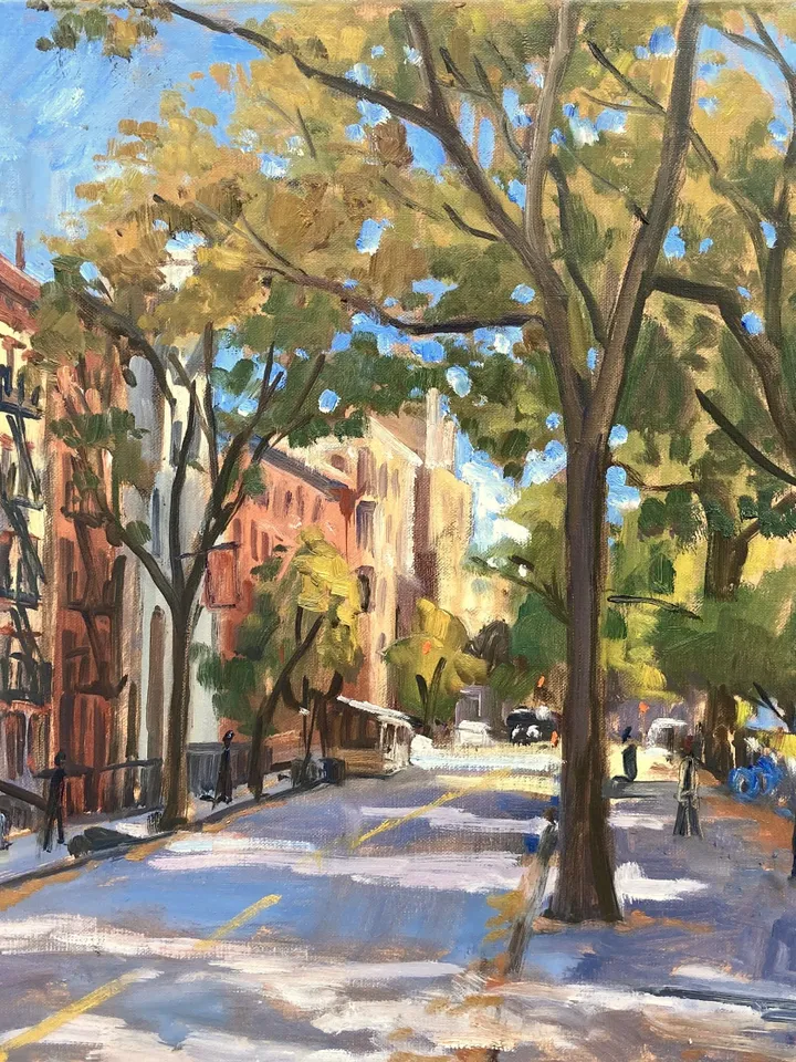 East Village Cityscape Painting - Autumn on 10th Street/Tompkins Square/NYC - 18x24 Oil on Linen, New York Impressionism, Signed Original