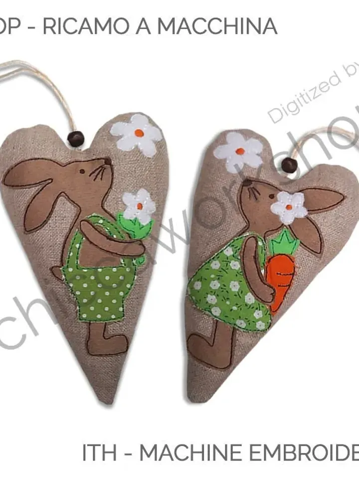 ITH 2 Cuore con coniglietti in Applique - Ricamo a macchina
