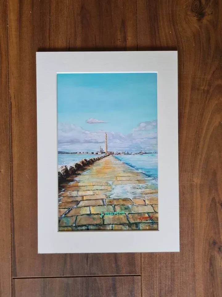 The Long Walk, Poolbeg Lighthouse to Poolbeg Chimneys from Great South Wall, Ringsend, Dublin Docks, unmounted, unframed
