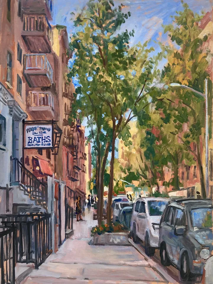 East Village Cityscape Painting - From 10th Street Russian Baths/NYC - 18x24 Oil on Linen, Urban Impressionism, Large Original Landscape