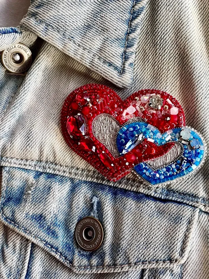 Beaded Brooch Hearts in Red and Blue Color, Handmade Embroidered Accessory, Pin Brooch, Heart Brooch