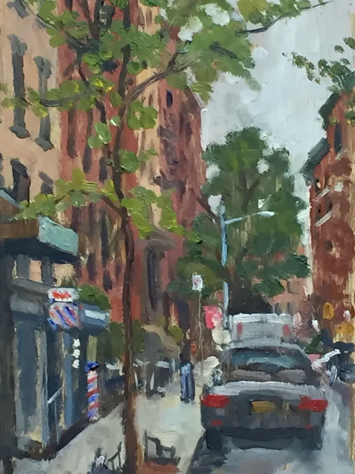 Small East Village Cityscape Painting - 7th St Rain/NYC - 5x10 New York Urban Impressionist Fine Art, Original Plein Air Realist Landscape
