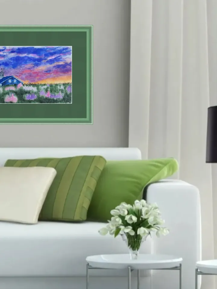Sunset painting original watercolor art flower fields village landscape