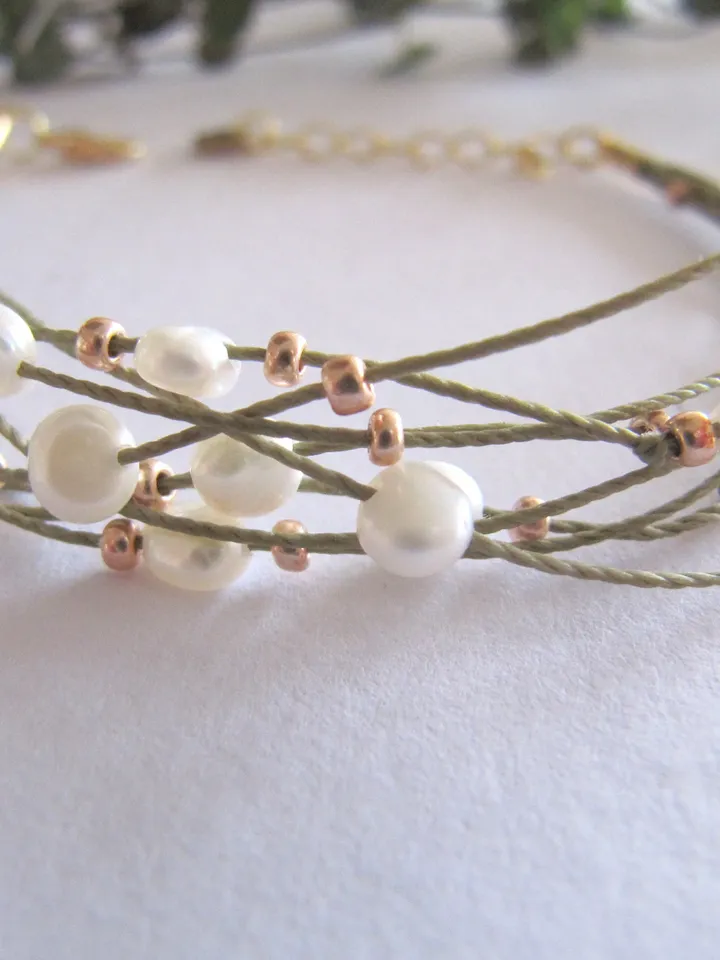 Bracelet with freshwater pearls, Boho- chic bracelets, Multi-Strang bracelet valentine Gift for women, Tiny bracelets with pearls