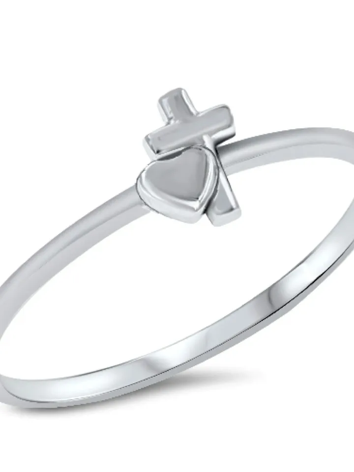 Sterling Silver Heart Cross Ring, Catholic Ring, Christian Ring, First Communion Gift, Confirmation Gift, Religious Ring, Ring for Children