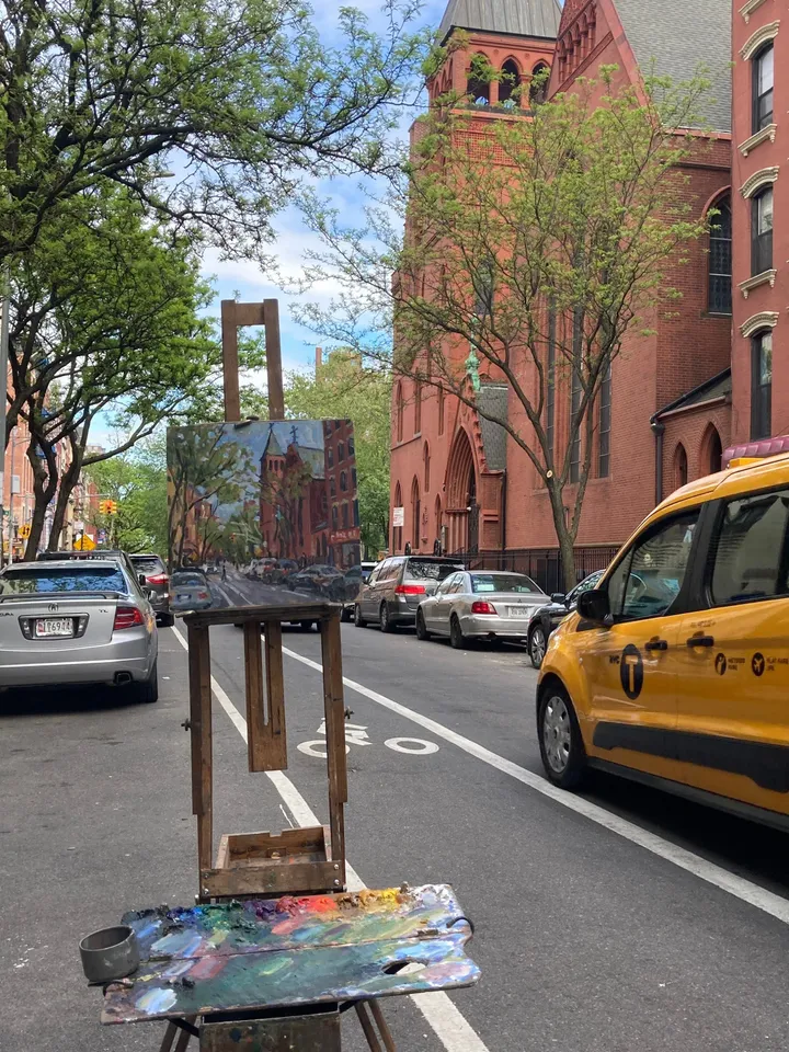 East Village Cityscape Painting - Across 10th Street/East Village NYC - 10x10 Oil on Panel, Impressionist Signed Original