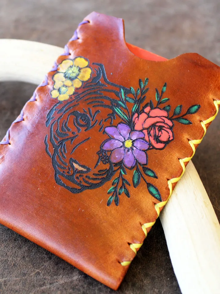 Tiger Wallet, Small Women Card Wallet, Floral Tiger, Hand Painted Leather Card Holder, Business Card Case, Personalized Wallet