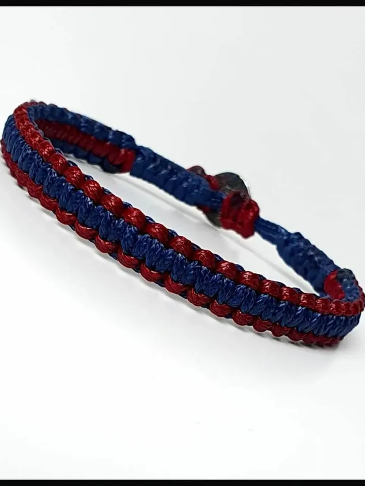 Dark Red and Blue Minimalist Bracelet with Silver Button, Adjustable Closured Wristlet, Stylish Valentine's Present for Men, Macrame art