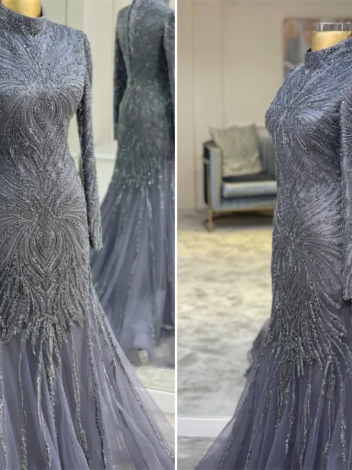 Masal Balık Grey Mermaid Handwork embroidered Ahunare Wedding Dress, Muslim Evening Gown, Islamic , Engagement, Bridesmaid, Maxi Dress