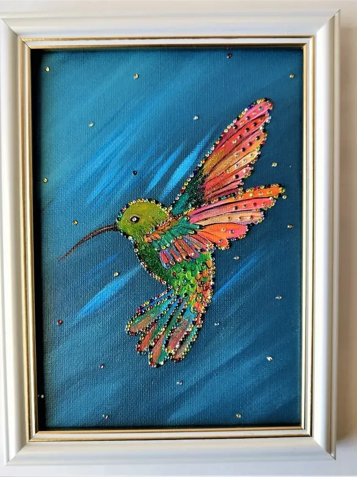 Diamond painting on canvas, Hummingbird canvas painting, Little bird painting