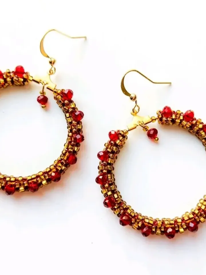 Hoop earrings with red faceted beads beaded round earrings seedbead earrings boho jewelry
