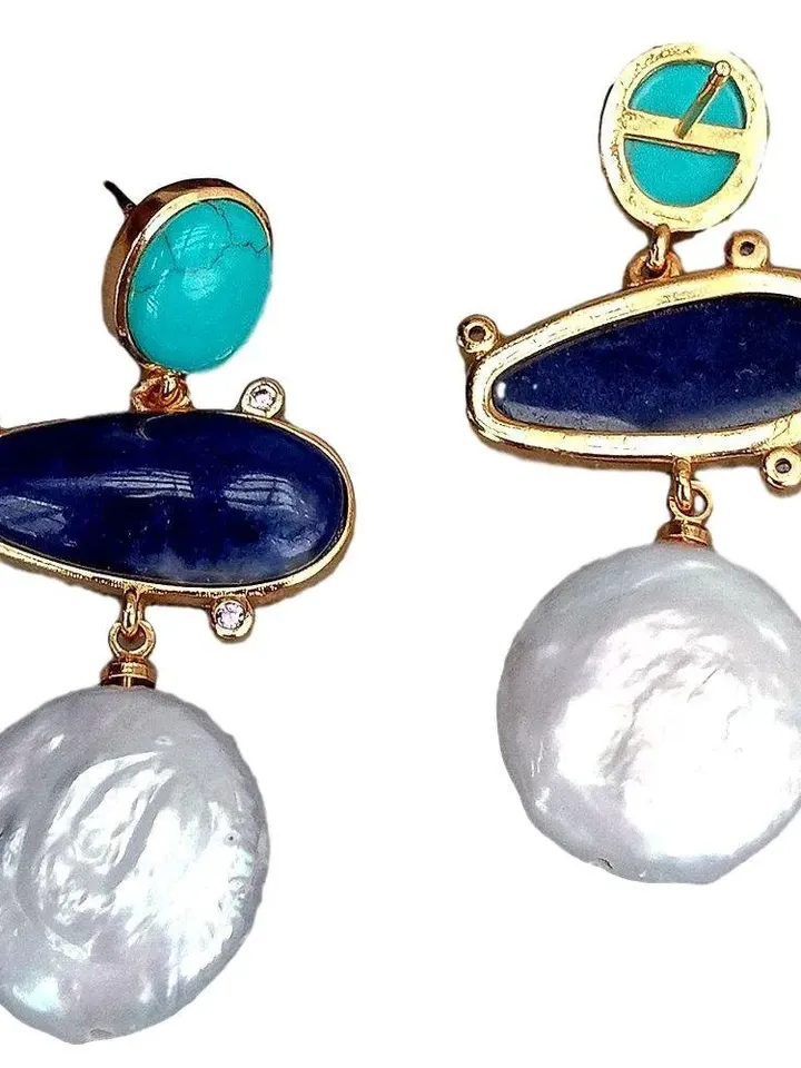 Turquoise Earrings, Pearl Earrings, Turquoise and Pearl Earrings, Gold Plated Turquoise Earrings