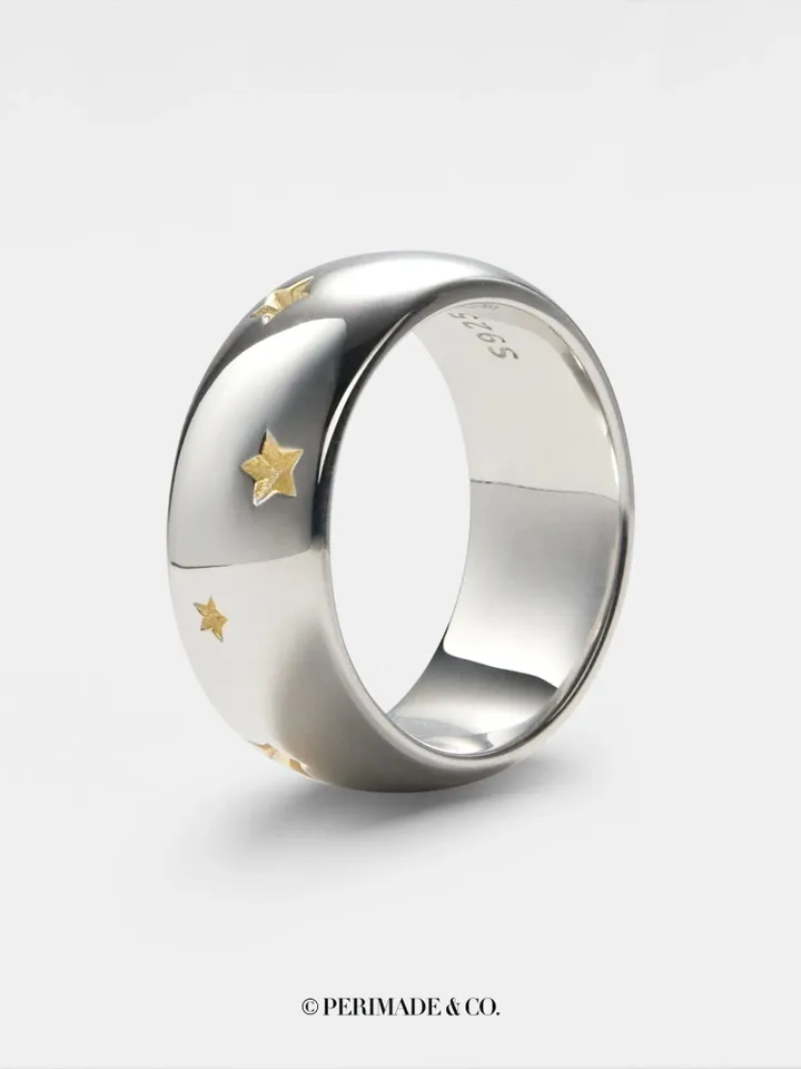 PERIMADE Gold Star Wedding Band • Boyfriend Girlfriend Matching Ring • Sterling Silver Promise Jewelry • Trendy Best Friend Gift