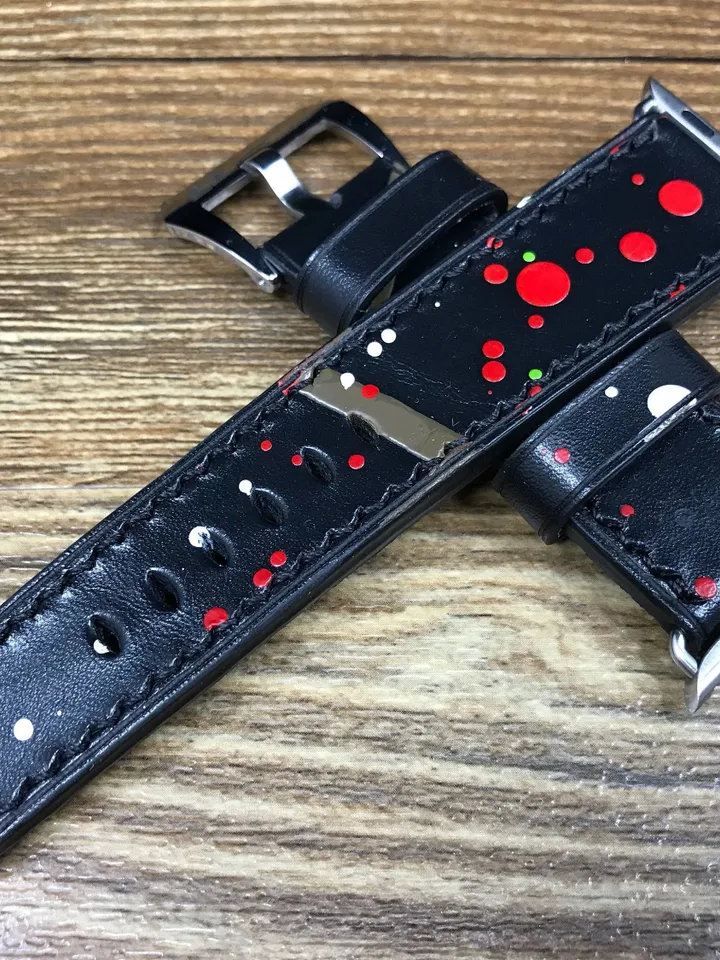 Abstract Art Apple Watch Bands 45mm 41mm 44mm 40mm, Smartwatch Band, Black Genuine Leather iWatch Watch Strap, Valentines Day Gift Ideas
